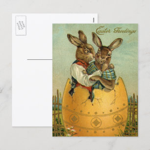 Bunnies in a Gold Egg, Vintage Victorian Easter  Holiday Postcard