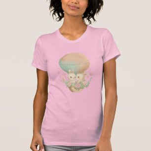 bunnies in a hot air balloon with flowers and hear T-Shirt