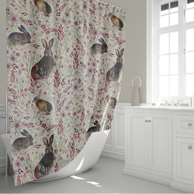 Bunnies In Floral Meadow Shower Curtain (Bunnies In Floral Meadow Shower Curtain by Jenn Steffen for Studio Posies.)