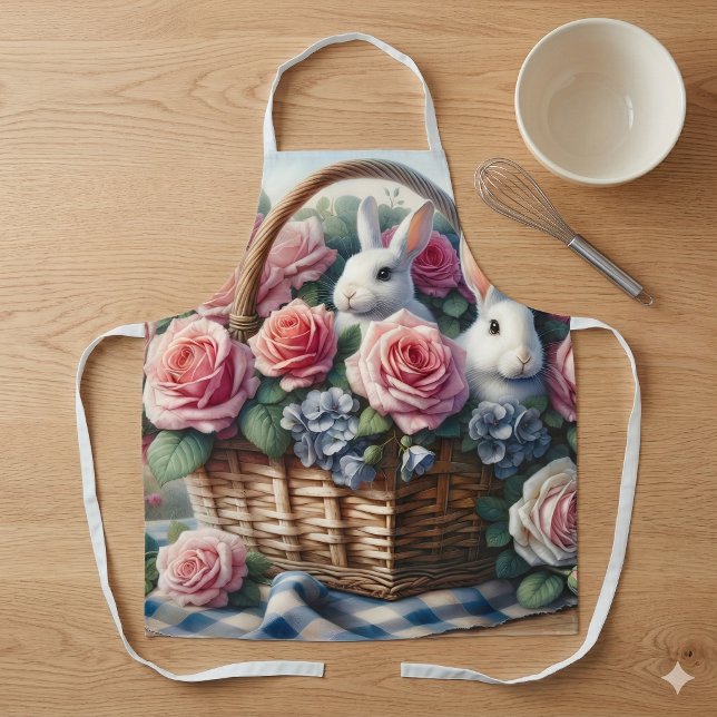 Bunnies Nestled Among Cottage Roses Apron (Bunnies Nestled Among Cottage Roses Apron)