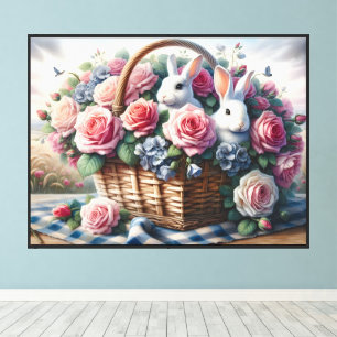 Bunnies Nestled Among Cottage Roses Canvas Print