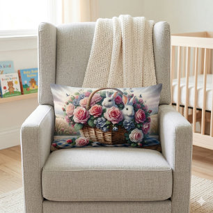 Bunnies Nestled Among Cottage Roses Lumbar Cushion