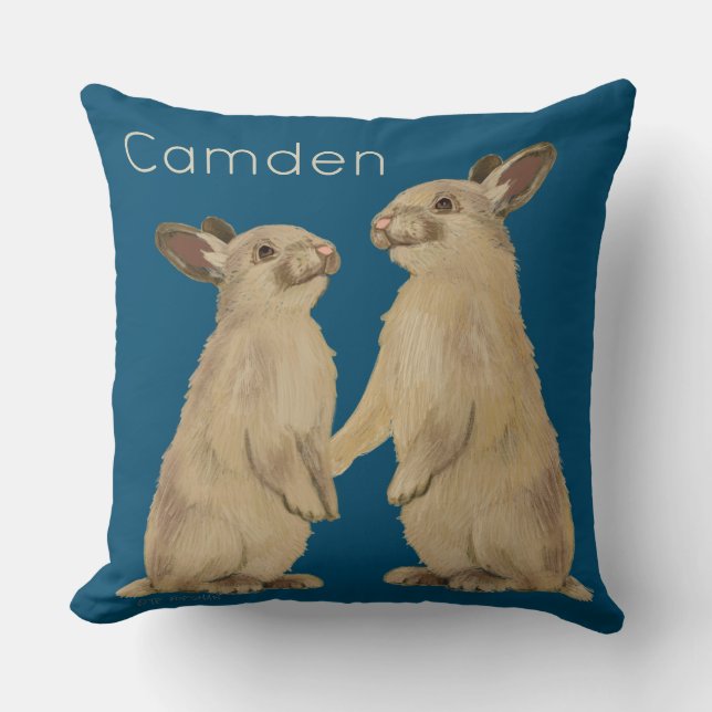 bunnies painted on pillow (blue)your child’s name (Front)