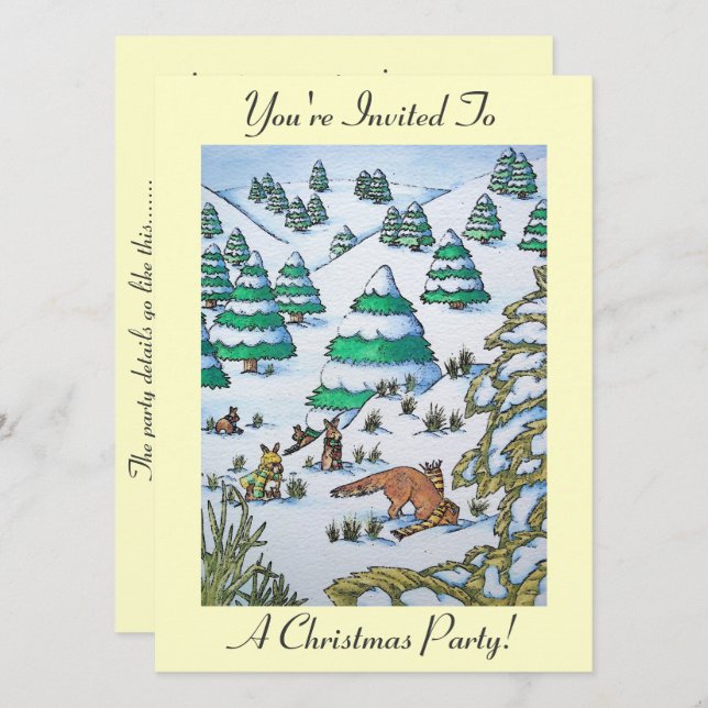 bunnies playing in snow at christmas invitation (Front/Back)