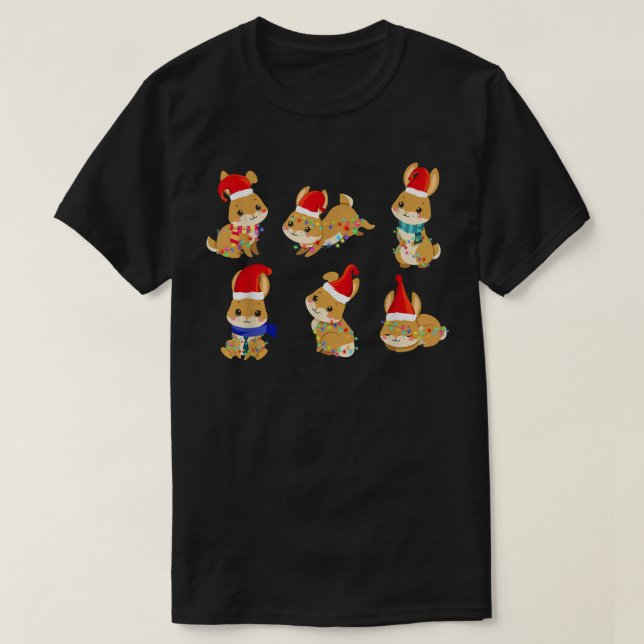 Bunnies Rabbit Wearing Santa Hat Christmas Lights  T-Shirt (Design Front)