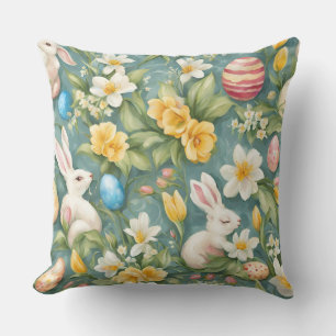 Bunnies, Spring Flowers and Easter Eggs. Painting Cushion