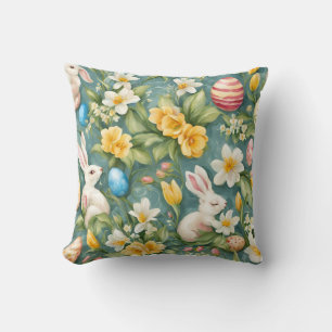 Bunnies, Spring Flowers and Easter Eggs. Painting Cushion