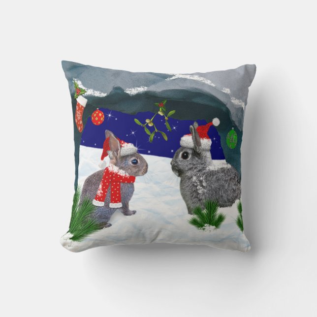 Bunnies under the Mistletoe Pillow (Front)