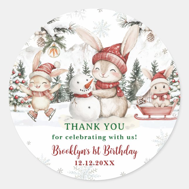 Bunnies Winter ONEderland Christmas 1st Birthday Classic Round Sticker (Front)
