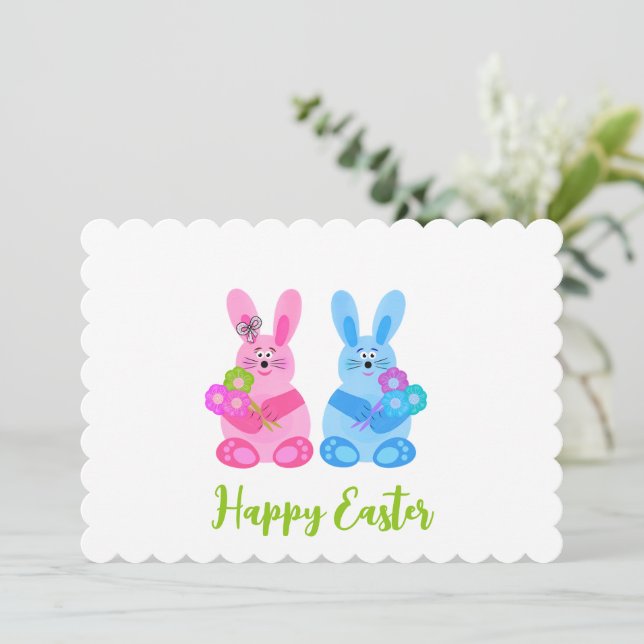 Bunnies with flowers holiday card (Standing Front)