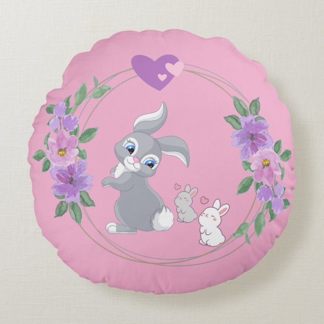 Bunnies with their Mama Round Cushion (Front)