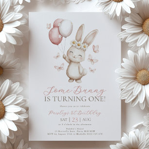Bunny 1st Birthday Daisy Balloon Butterfly Invitation