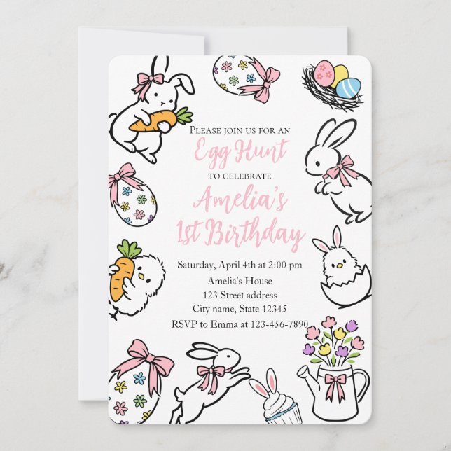 Bunny 1st Birthday Invitation Custom Easter Egg  (Front)