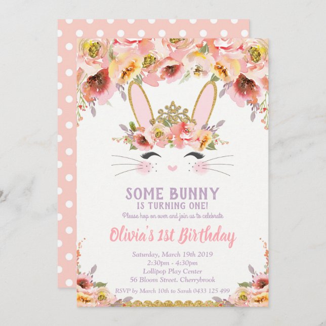 Bunny 1st Birthday Invitations Girls Floral Rabbit (Front/Back)