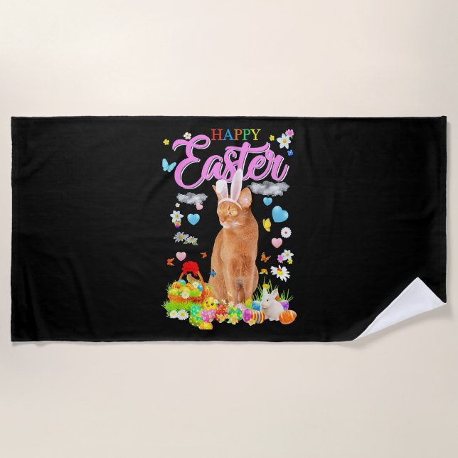 Bunny Abyssinian Cat Happy Easter Beach Towel (Front)
