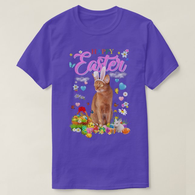 Bunny Abyssinian Cat Happy Easter Eggs  T-Shirt (Design Front)