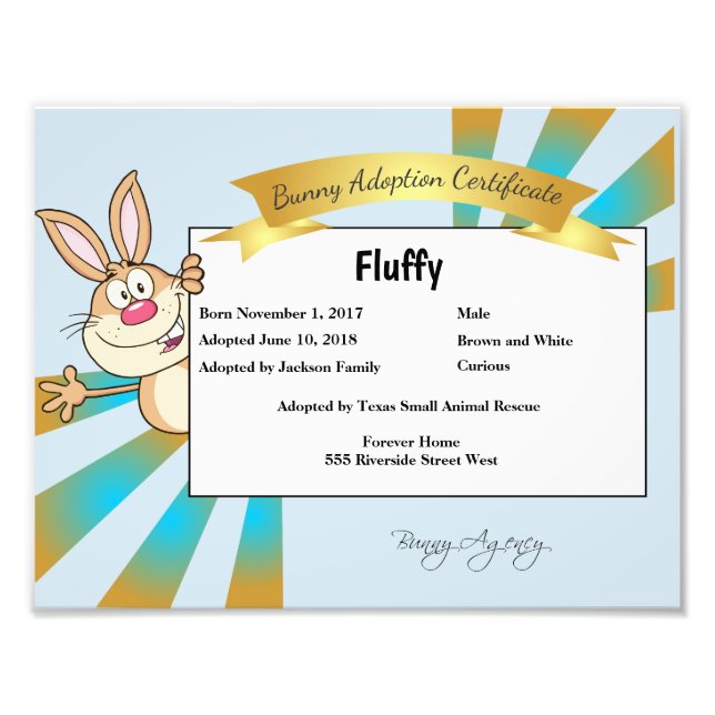 Bunny Adoption Certificate Photo Print (Front)