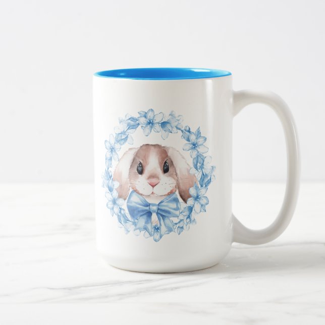 Bunny and blue wreath Two-Tone coffee mug (Right)