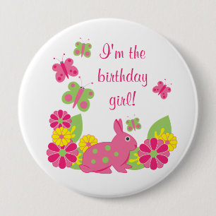 Bunny and Butterflies Girl's Birthday Button