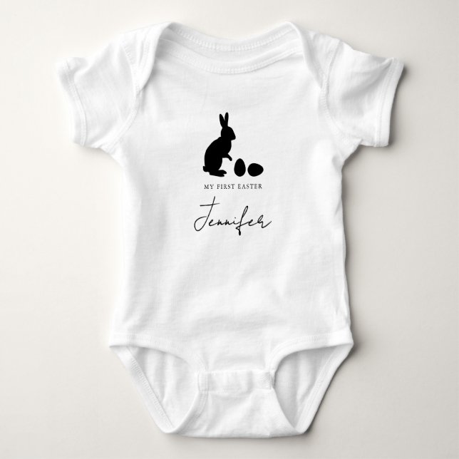 Bunny And Eggs In Black With Name My First Easter Baby Bodysuit (Front)