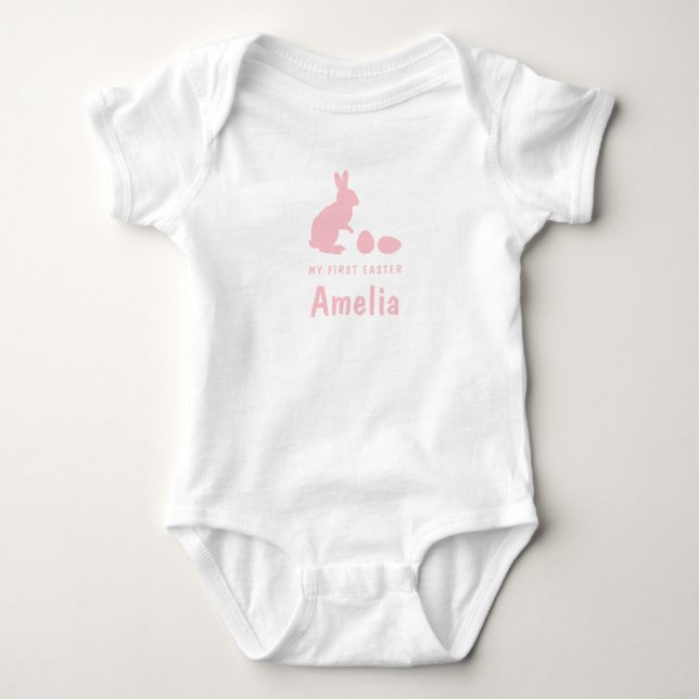 Bunny And Eggs In Pink With Name My First Easter Baby Bodysuit (Front)