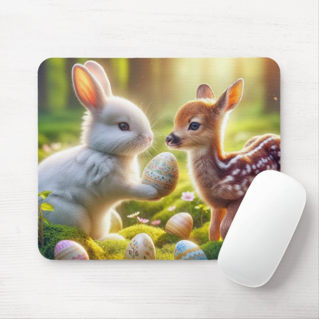 Bunny and Fawn With Easter Eggs Mouse Pad (With Mouse)