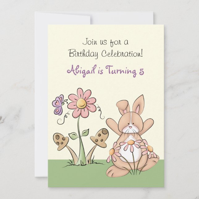 Bunny and Flowers Birthday Invitation ~ Girls (Front)