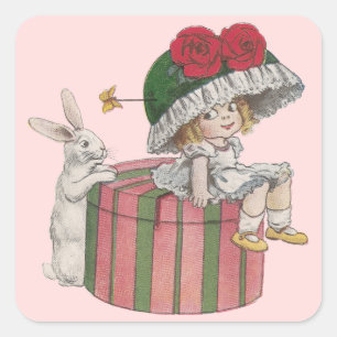 Bunny and Girl on Giant Hatbox Vintage Easter Square Sticker