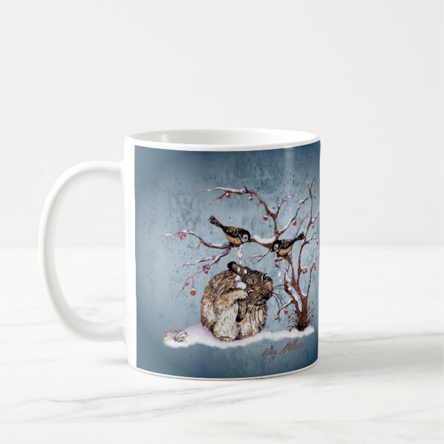 Bunny and Pesky Snow Birds Coffee Mug (Left)