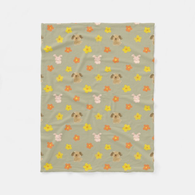 Bunny and puppy pattern fleece blanket (Front)