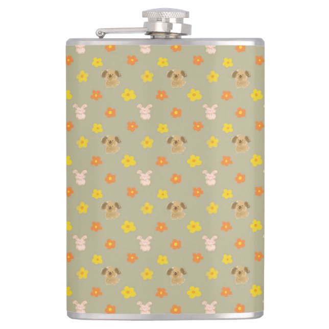 Bunny and puppy pattern hip flask (Front)