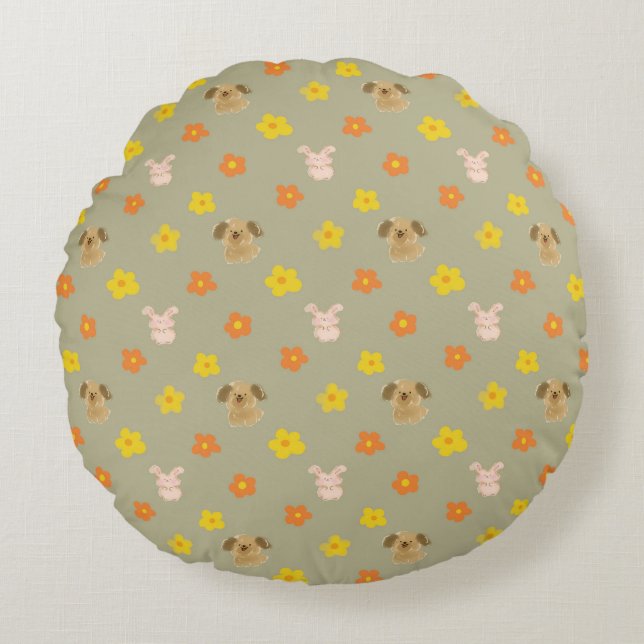 Bunny and puppy pattern round cushion (Front)