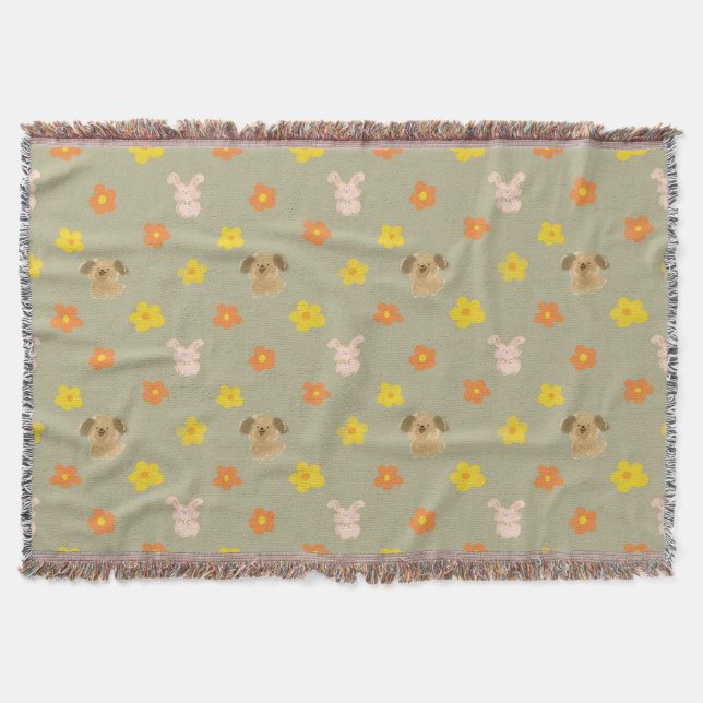 Bunny and puppy pattern throw blanket (Front)
