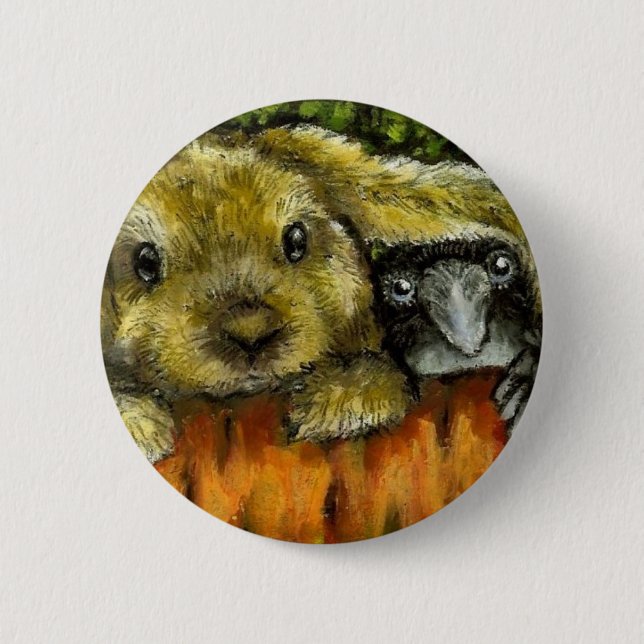 Bunny and raven 6 cm round badge (Front)