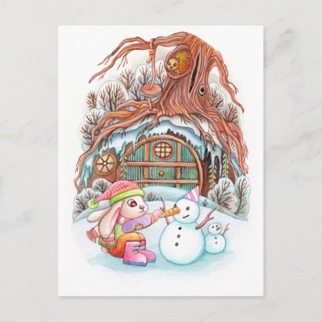 Bunny and Snowman Postcard (Front)