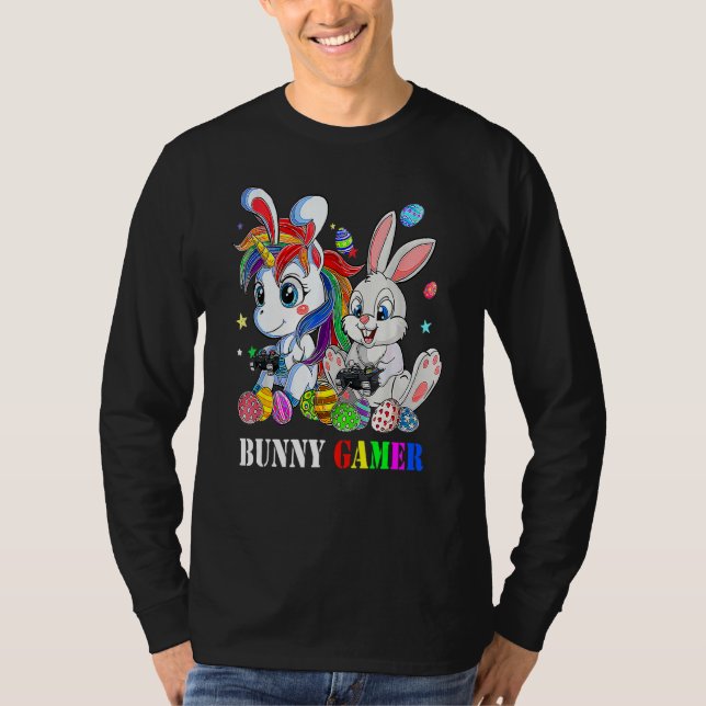 Bunny And Unicorn Eggs Easter Gamer Video Game T-Shirt (Front)