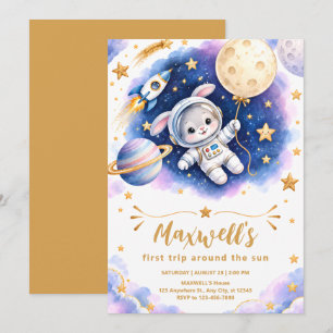 Bunny Astronaut First Birthday Invitation
