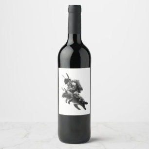 Bunny Astronaut Riding a Rabbit in Space Wine Label