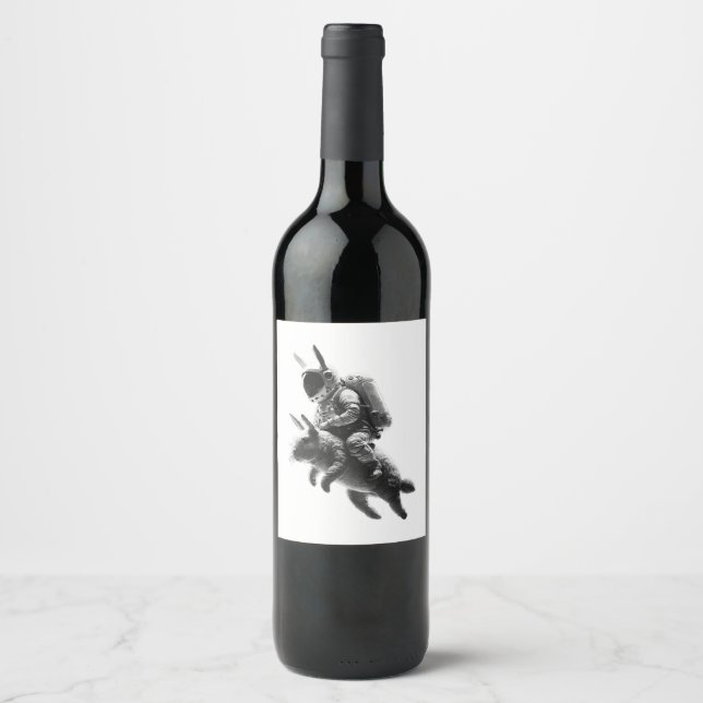 Bunny Astronaut Riding a Rabbit in Space  Wine Label (Front)