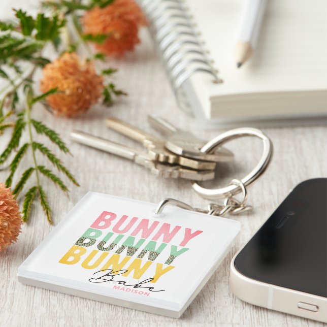 Bunny Babe Cute Modern Girly Easter Personalised Key Ring (Front Right)