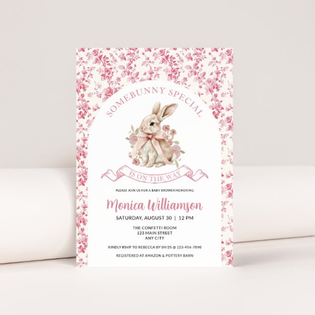Bunny Baby Girl Shower Invitation Toile (Bunny Baby Shower Invite)