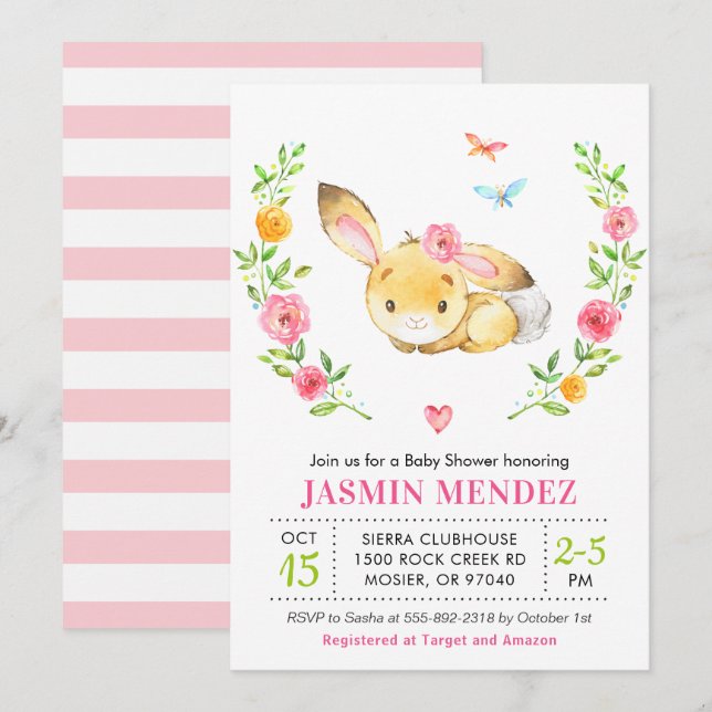 Bunny Baby Girl Shower Pink Sprinkle Cute Floral Invitation (Front/Back)