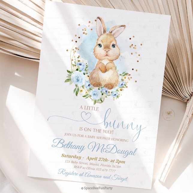 Bunny baby shower Boy Invitation (Bunny baby shower, invitation ,baby shower,Some Bunny,Invite Easter,Rabbit boy,Spring Floral,Pink an)