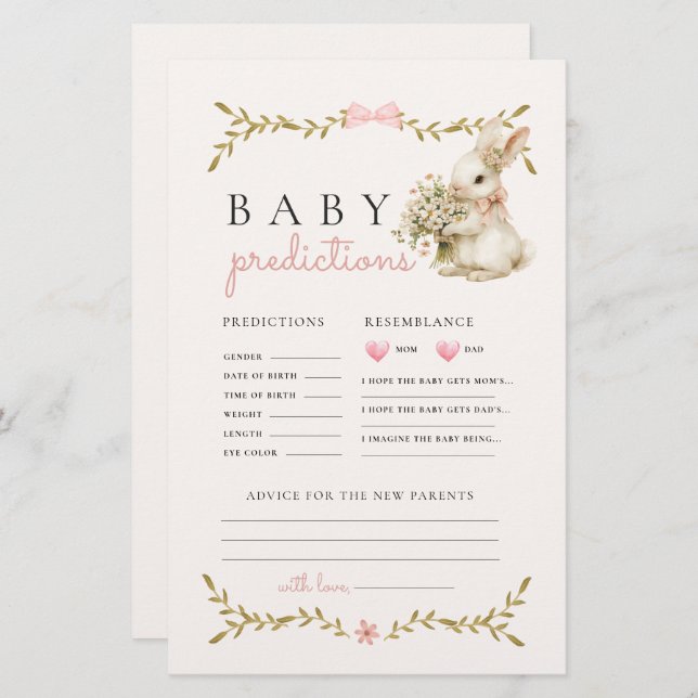 Bunny Baby Shower Game Predictions & Advice Stationery (Front/Back)
