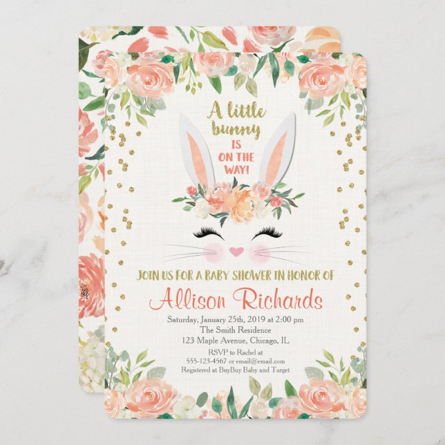 Bunny baby shower invitation peach cream Easter (Front/Back)