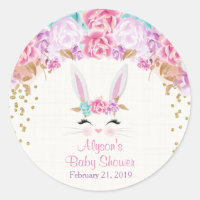 Bunny baby shower stickers, pink and gold