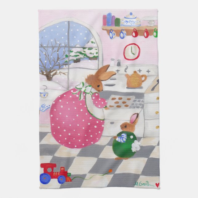 Bunny Baking Cookies Kitchen Towel (Vertical)
