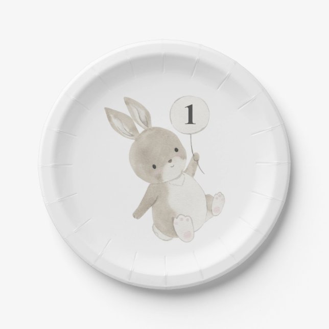 Bunny Balloon 1st Birthday Paper Plate (Front)