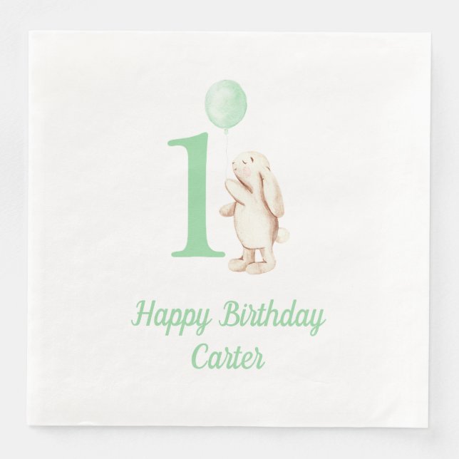 Bunny & Balloon Green 1st Birthday Napkin (Front)