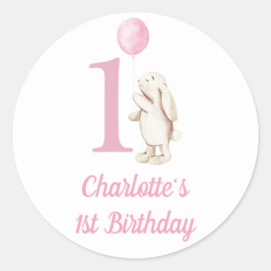 Bunny & Balloon Pink 1st Birthday Classic Round Sticker